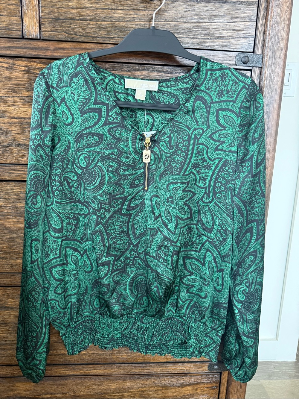 MICHAEL Michael Kors Palmetto Green Paisley Zip-Front Smocked-Hem Blouse